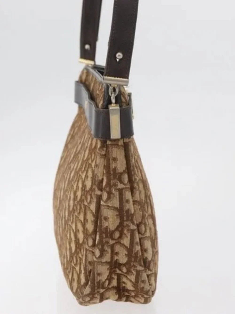 Christian Dior Trotter Canvas Shoulder Bag Gold Beige Auth 179906